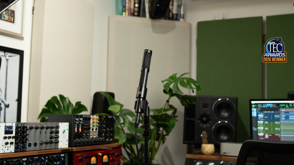 N28 microphone in a recording studio. A badge in the corner reads "NAMM TEC Awards 2026 Winner"